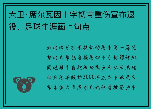 大卫·席尔瓦因十字韧带重伤宣布退役，足球生涯画上句点